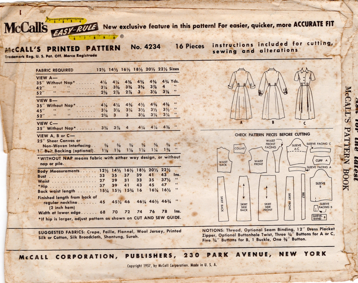 1950's McCall's Shirtwaist Dress Pattern with Tucked Shoulders and 3 Sleeve lengths - Bust 43" - No. 4234