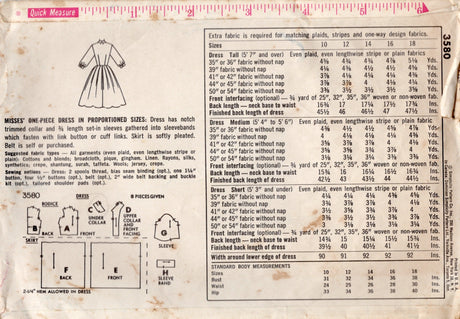 1960's Simplicity Shirtwaist Dress Pattern with Pleated Skirt - Bust 34" - No. 3580