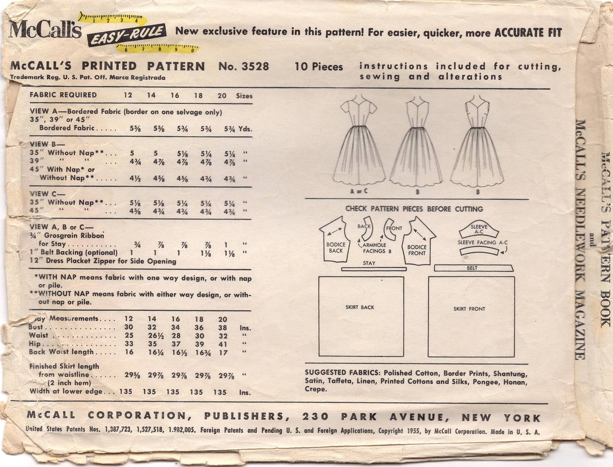 1950's McCall's One-Piece V-Neck Dress with pleated skirt and cap sleeves - Bust 34" - No. 3528