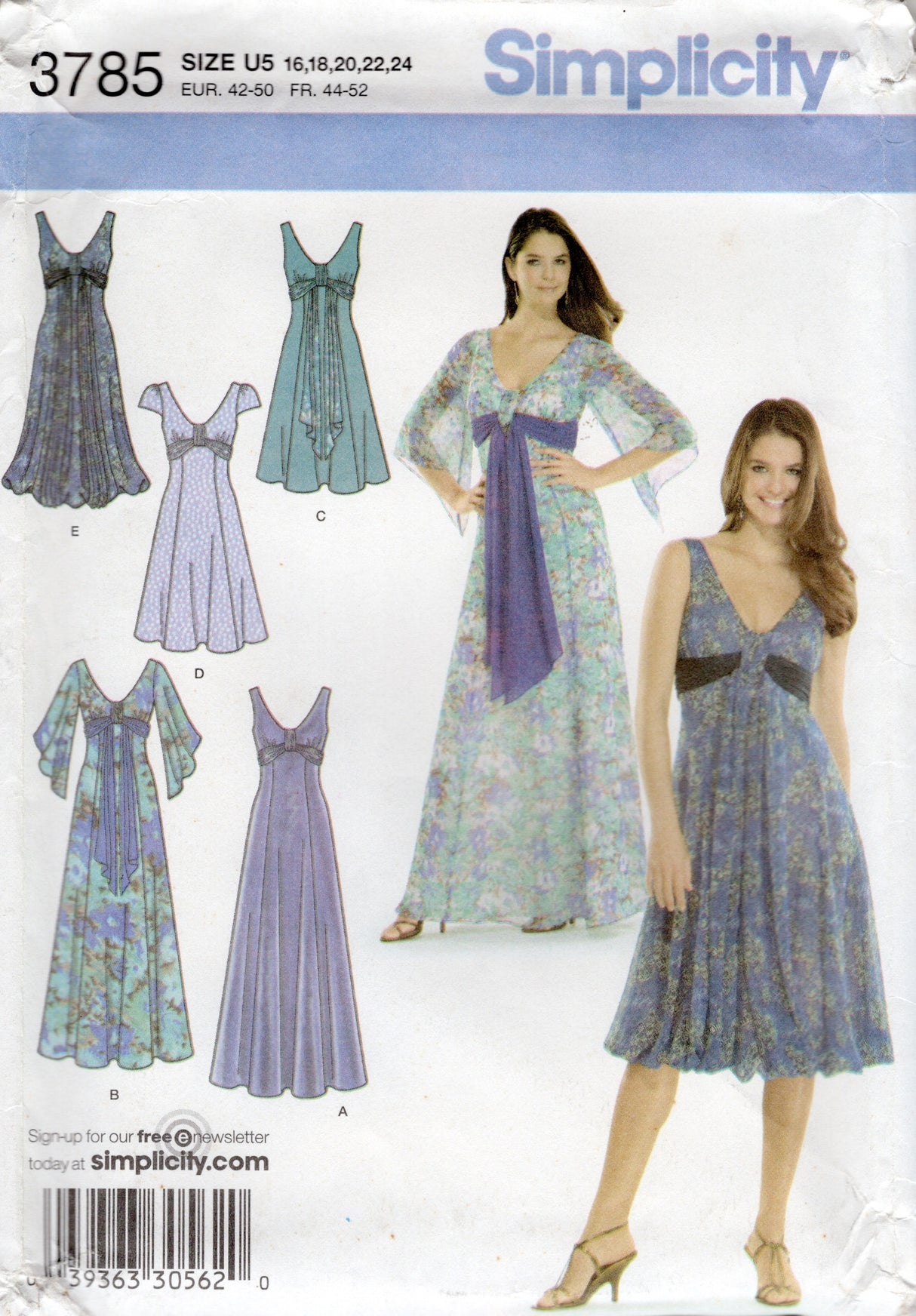 2000's Simplicity Deep V Neck Dress in Two Lengths Pattern with Sash Accent - Bust 38-46" - No. 3785