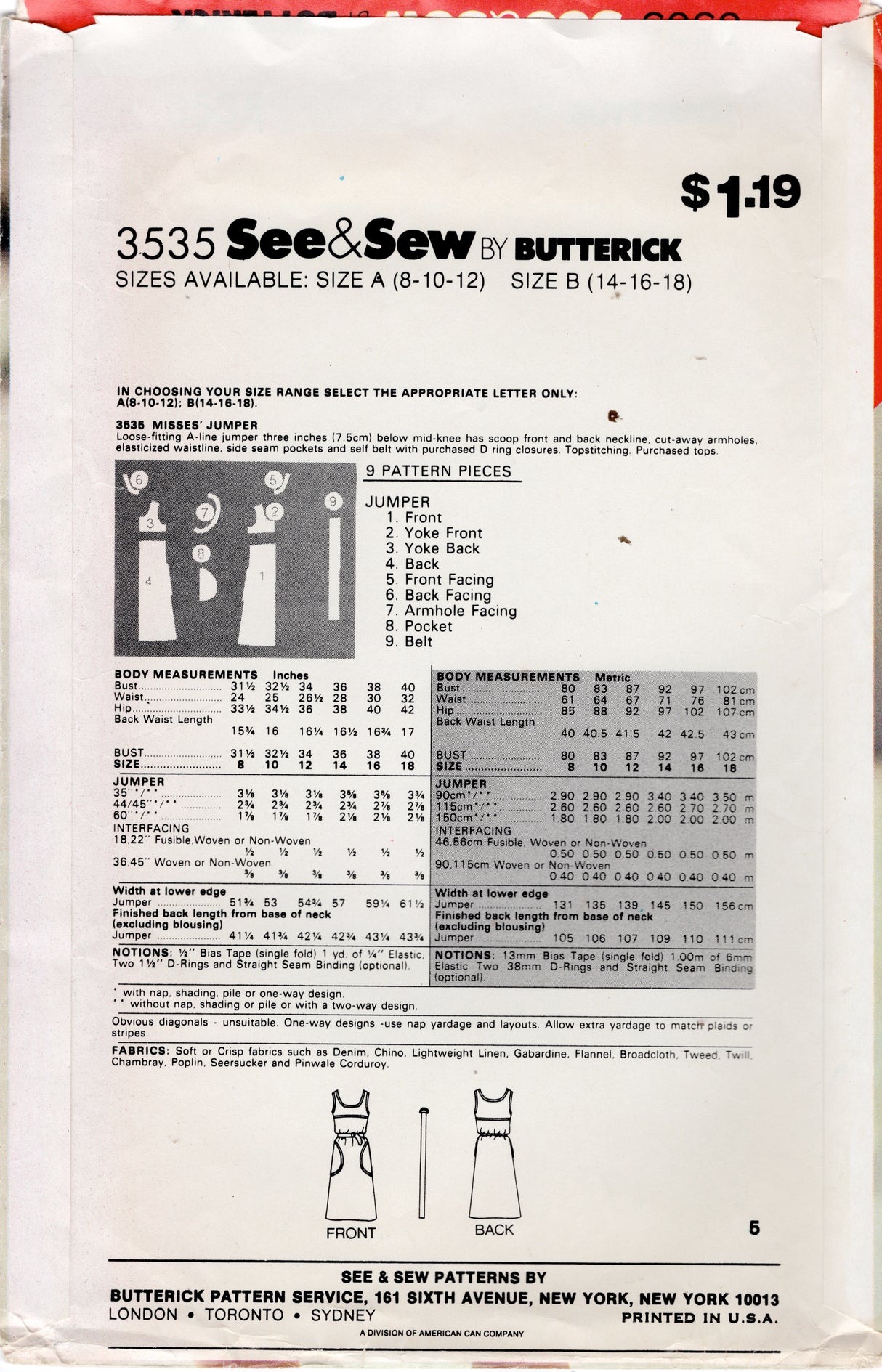 1970's See & Sew A-Line Jumper Dress Pattern - Bust 36-40" - No. 3535