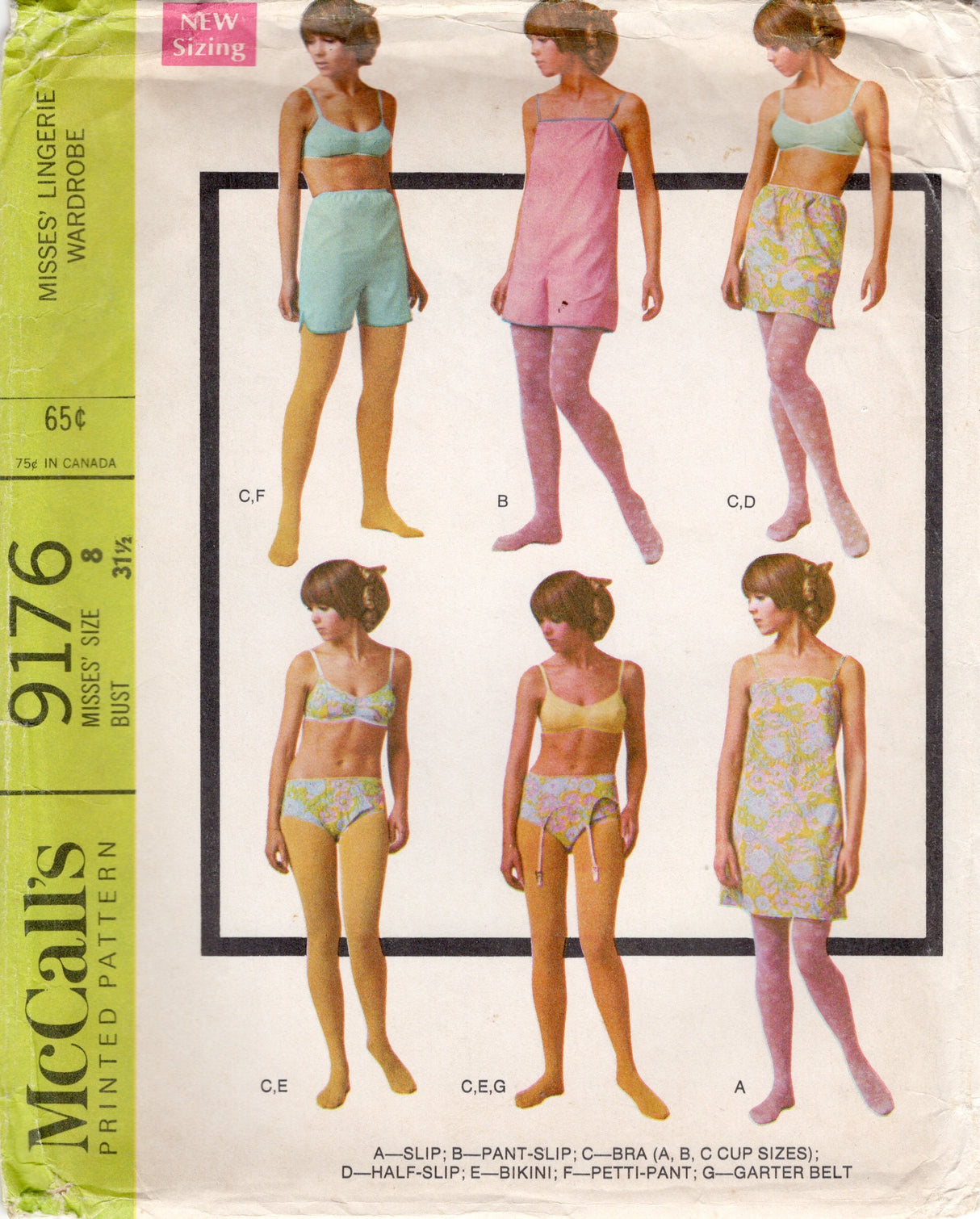 1960's McCall's Lingerie Wardrobe (Slip, Panties, Bra, Half-Slip, Bikini, Petti-Pant, Garter Belt) Pattern - Bust 31.5" - No. 9176