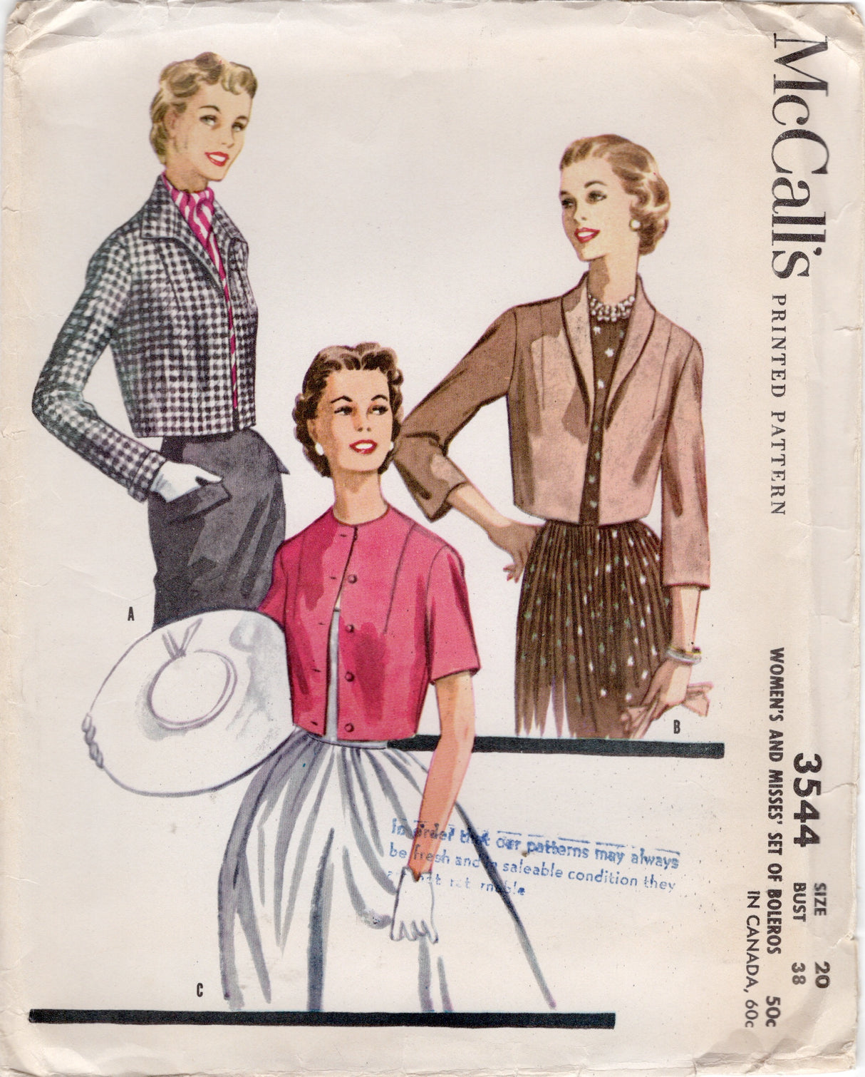 1950's McCall's Set of Bolero Jacket Pattern - Bust 38" - No. 3544