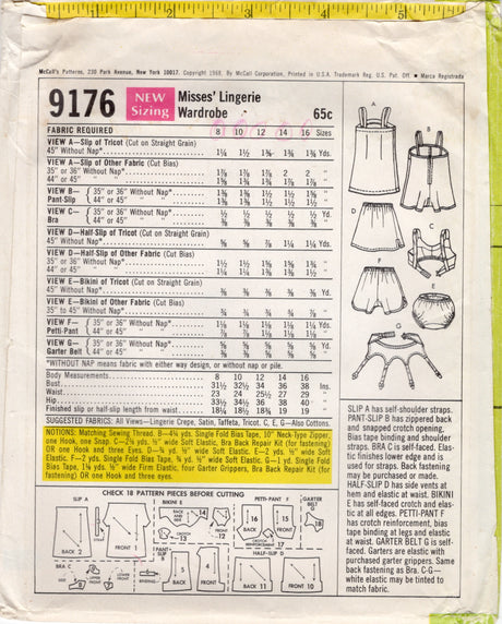 1960's McCall's Lingerie Wardrobe (Slip, Panties, Bra, Half-Slip, Bikini, Petti-Pant, Garter Belt) Pattern - Bust 31.5" - No. 9176