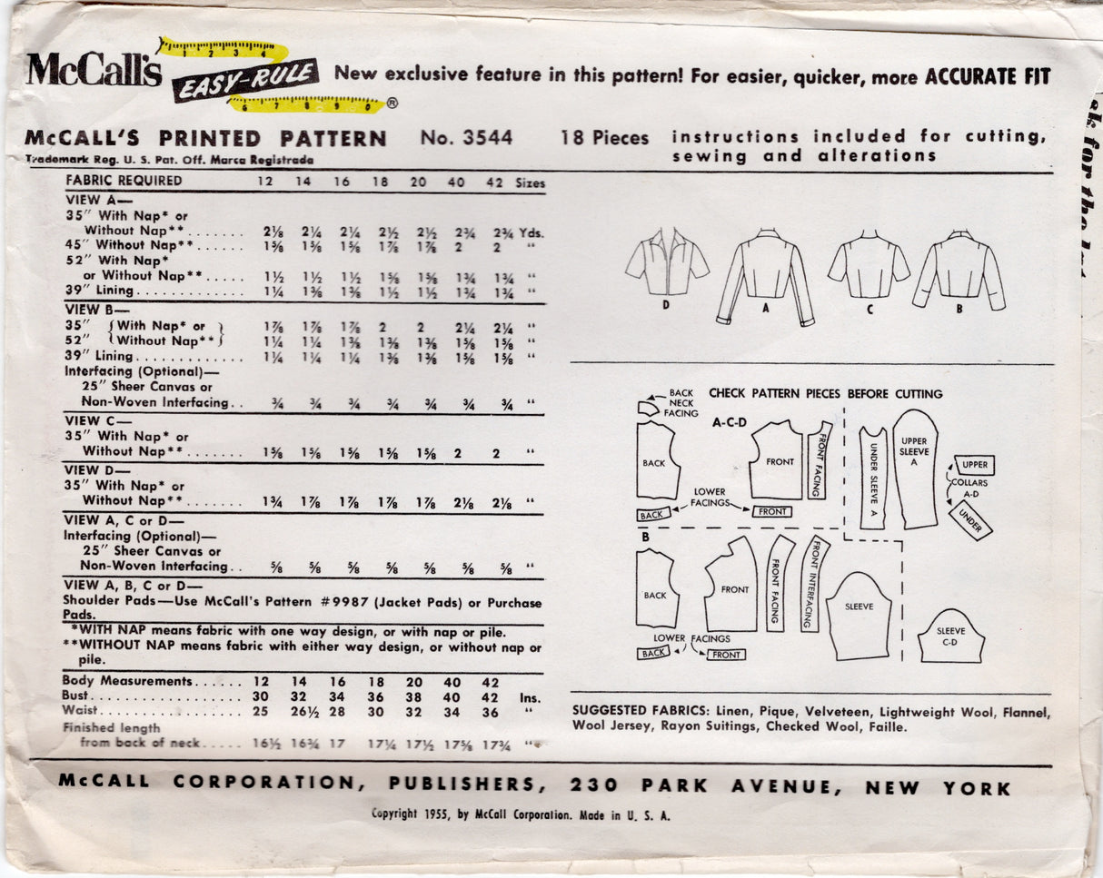 1950's McCall's Set of Bolero Jacket Pattern - Bust 38" - No. 3544