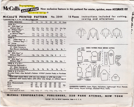 1950's McCall's Set of Bolero Jacket Pattern - Bust 38" - No. 3544