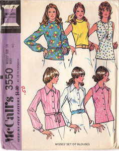 1970's McCall's Button Up or Pullover Blouse with Large or Rolled Collar - Bust 40" - No. 3550