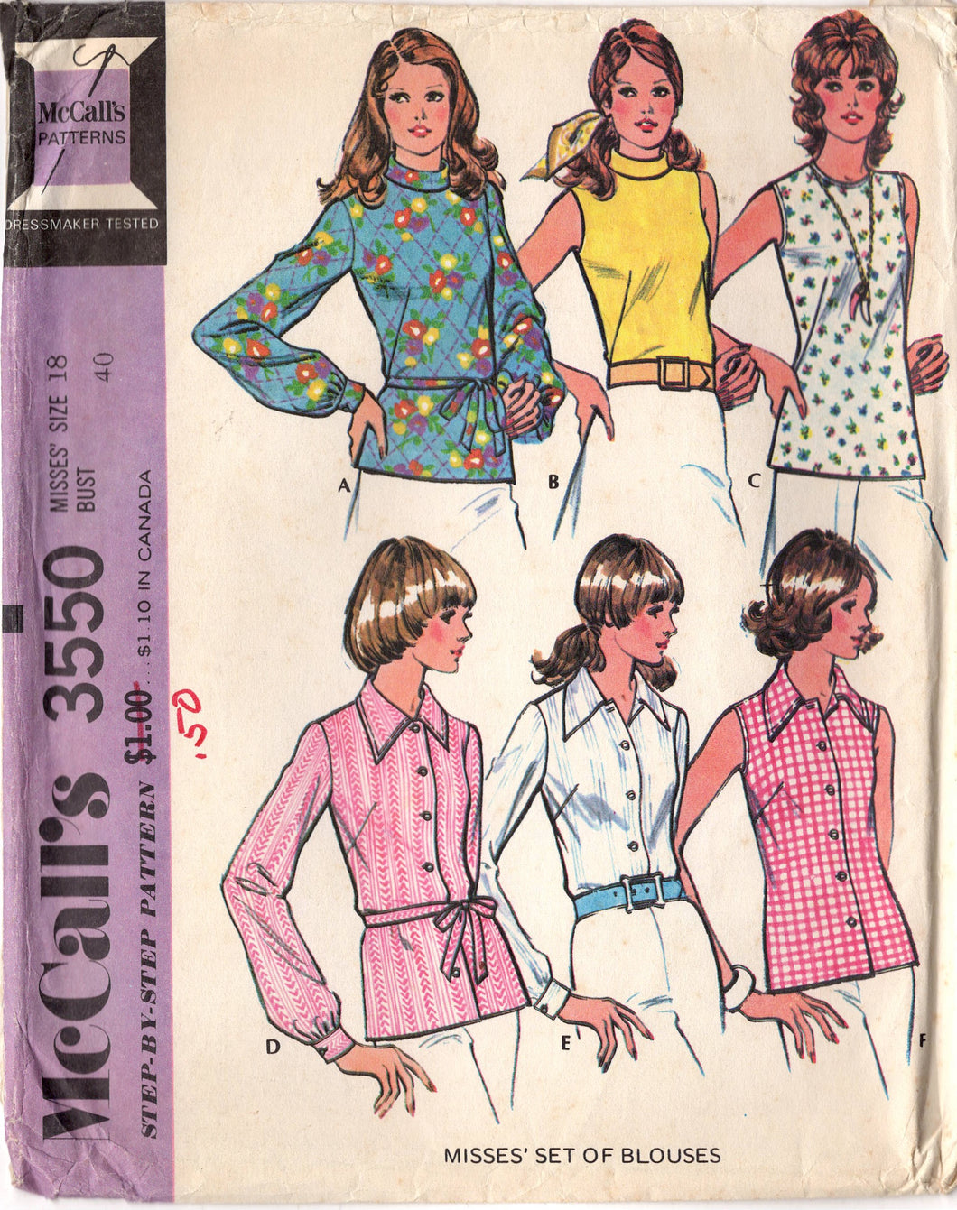 1970's McCall's Button Up or Pullover Blouse with Large or Rolled Collar - Bust 40