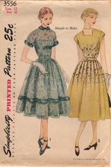 1950's Simplicity Fit and Flare Dress with Square Neckline and Cap Sleeves Pattern - Bust 30" - No. 3556