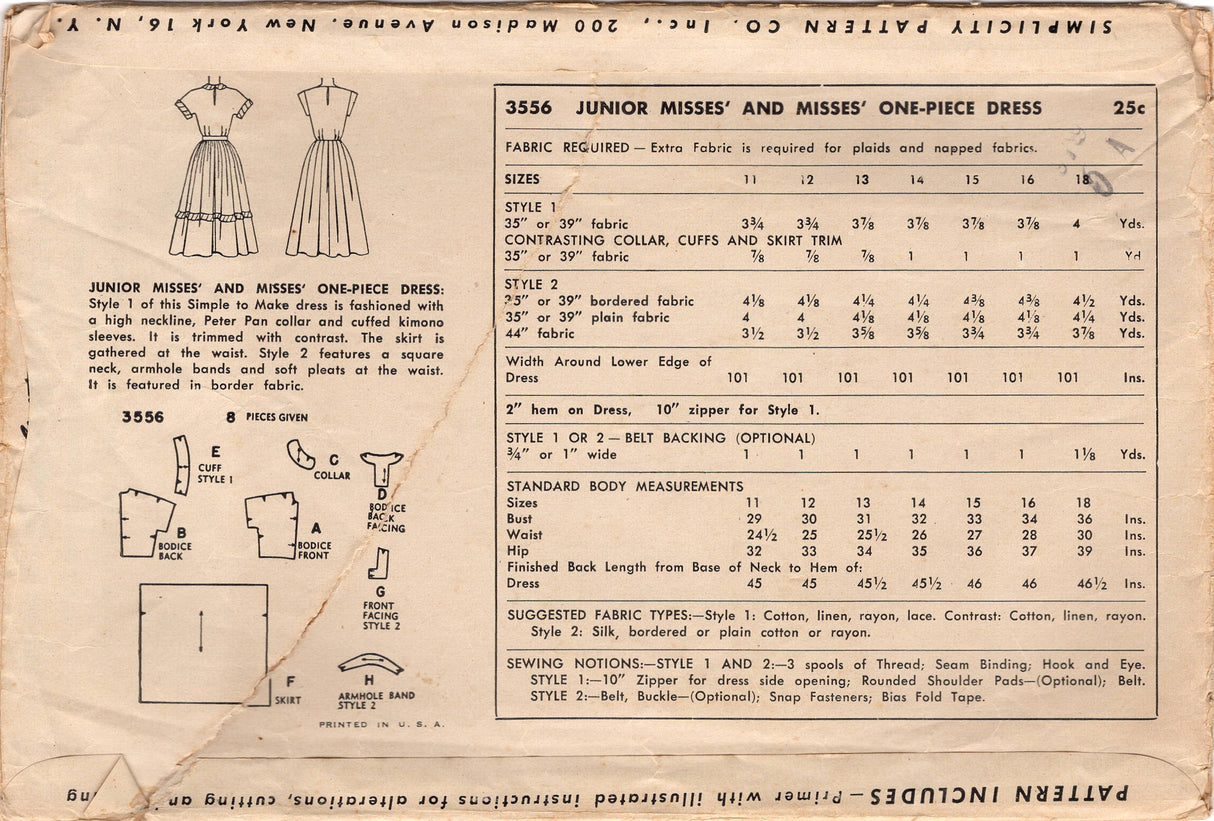 1950's Simplicity Fit and Flare Dress with Square Neckline and Cap Sleeves Pattern - Bust 30" - No. 3556