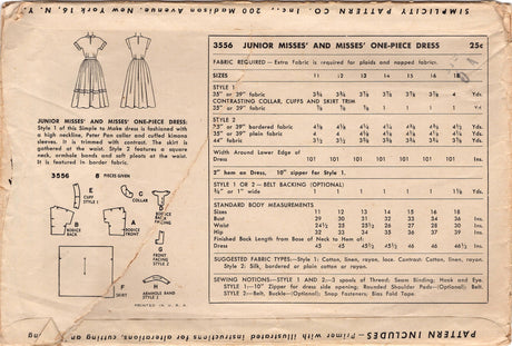 1950's Simplicity Fit and Flare Dress with Square Neckline and Cap Sleeves Pattern - Bust 30" - No. 3556