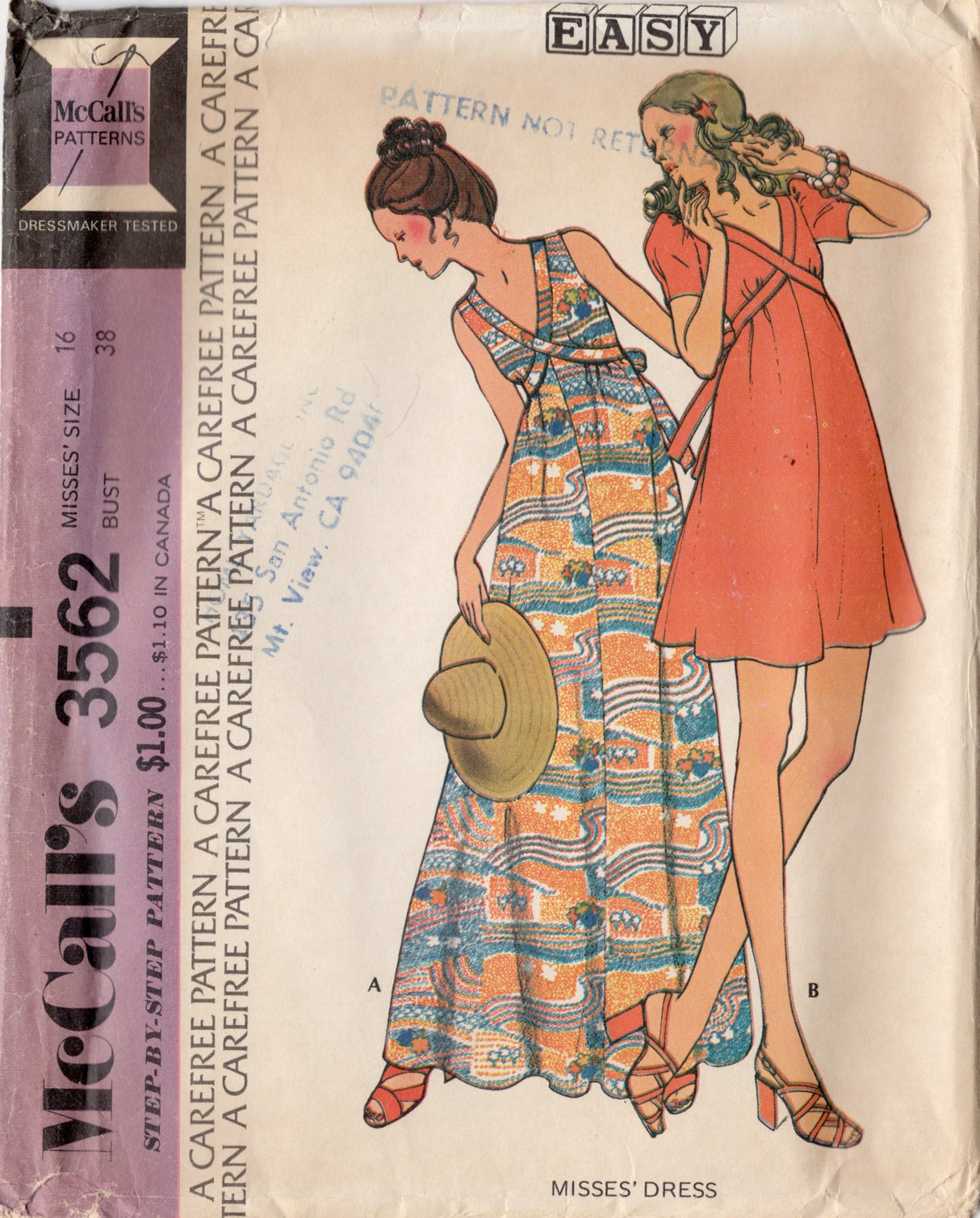1970's McCall's Midi or Maxi Dress with Bands and Puff Sleeves Pattern - Bust 38" - No. 3562
