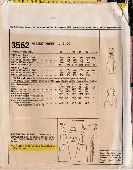1970's McCall's Midi or Maxi Dress with Bands and Puff Sleeves Pattern - Bust 38" - No. 3562