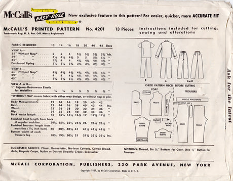 1950's McCall's Two-Piece Pajama Pattern – Bust 32" - No. 4201