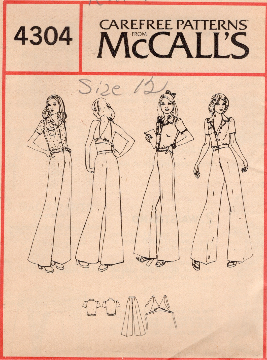 1970's McCall's Halter Tie Top, Button Up Shirt, and Bell Bottom Pants Pattern - Bust 33-34