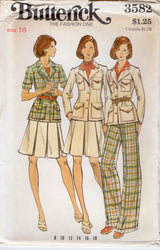1970's Butterick Unlined Jacket with Patch pockets, Pleated Skirt and Pants Pattern - Bust 38" - No. 3582