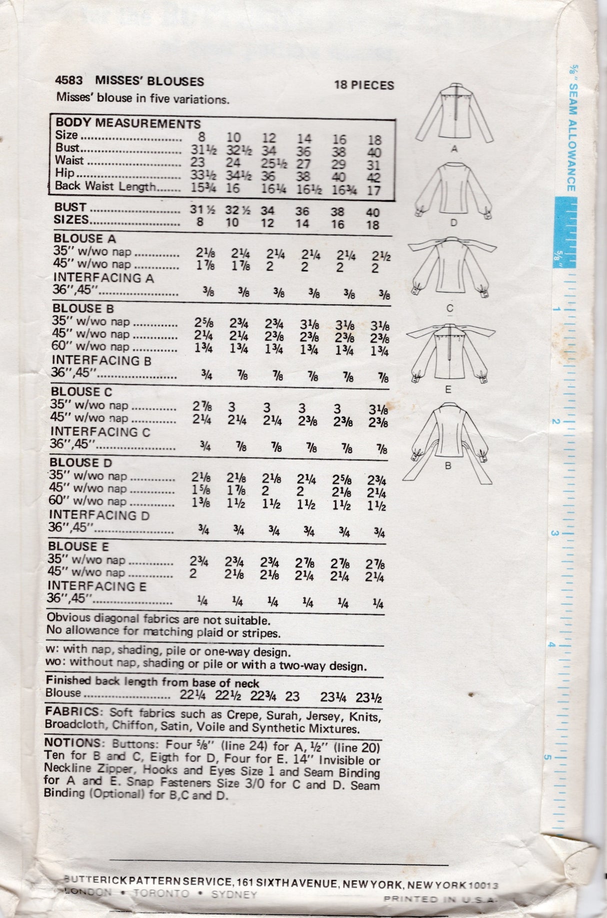 1970's Butterick Button up Shirt Pattern with Bow Tie Collar - Bust 40" - No. 4583