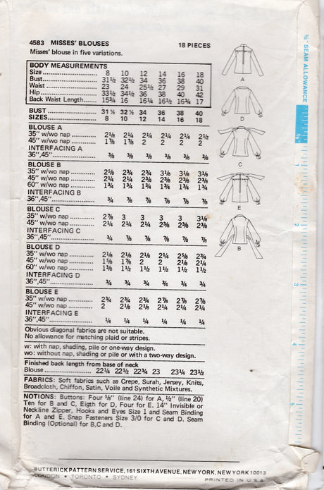 1970's Butterick Button up Shirt Pattern with Bow Tie Collar - Bust 40" - No. 4583