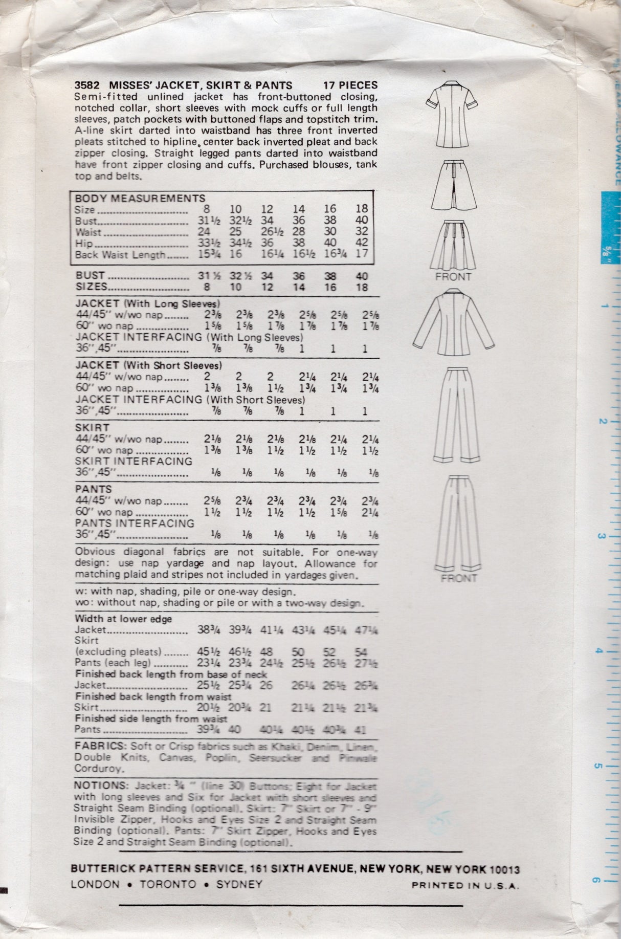 1970's Butterick Unlined Jacket with Patch pockets, Pleated Skirt and Pants Pattern - Bust 38" - No. 3582