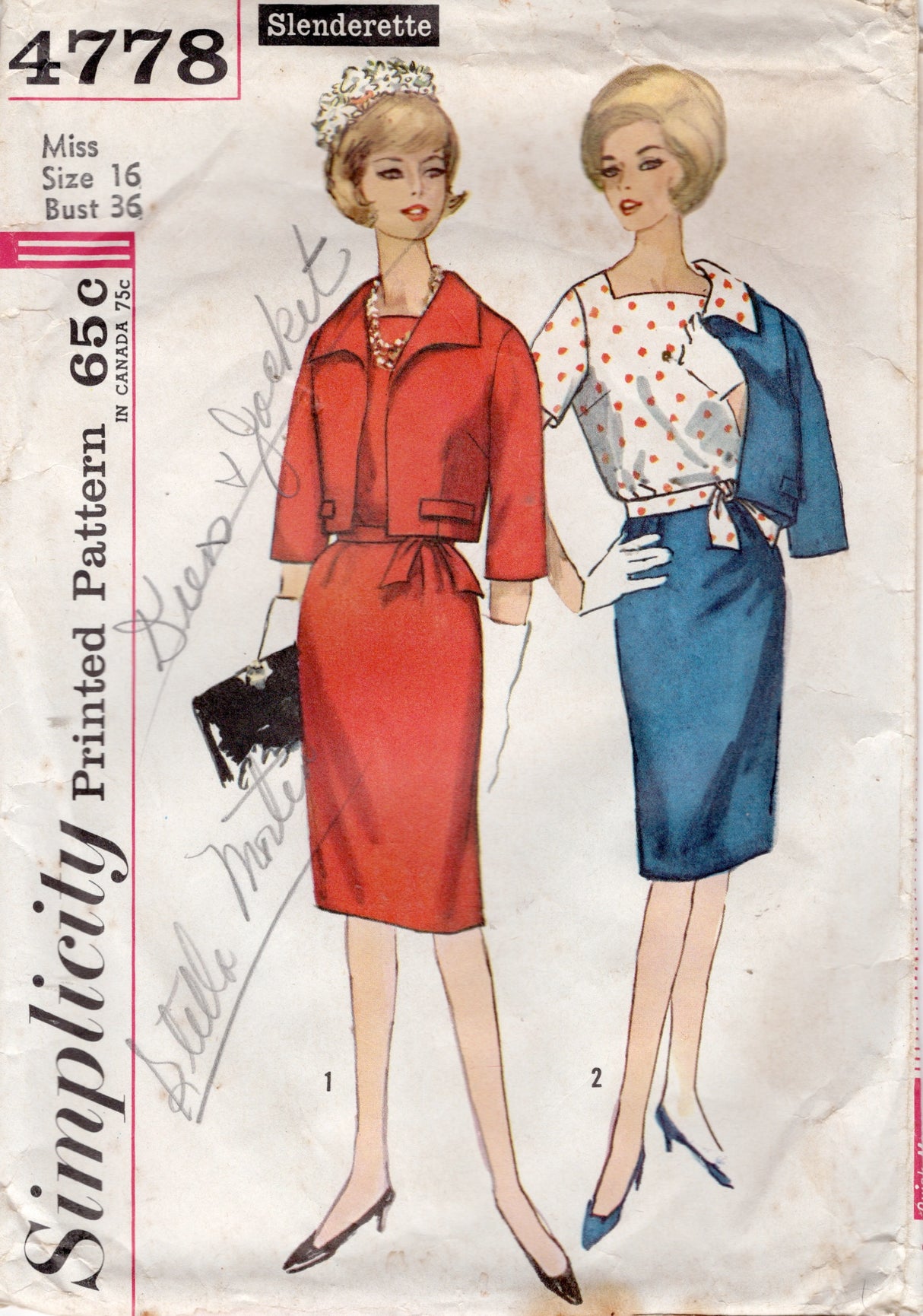 1960's Simplicity Slenderette Blouse and Two Piece Suit Pattern - Bust 36" - No. 4778