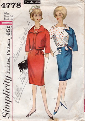 1960's Simplicity Slenderette Blouse and Two Piece Suit Pattern - Bust 36