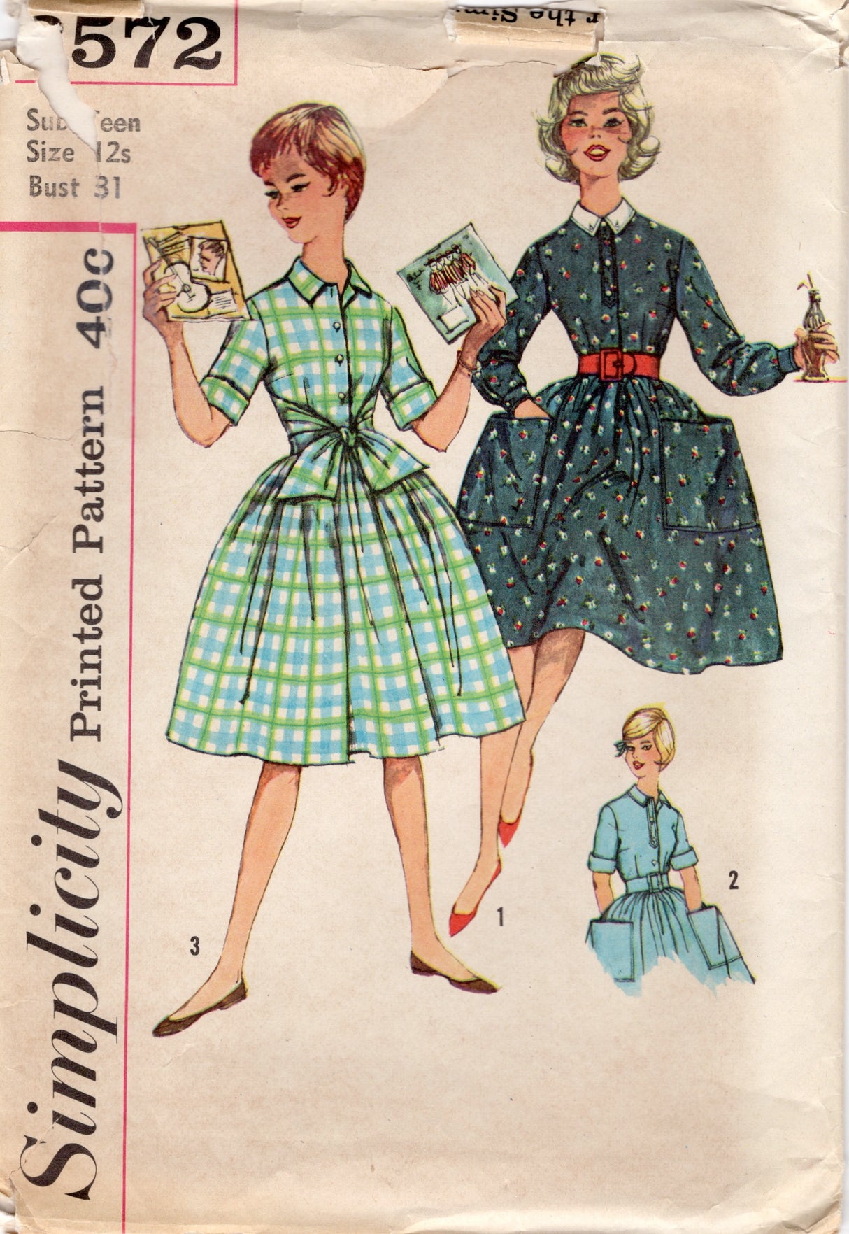 1960's Simplicity Shirtwaist Dress Pattern with Waist Ties and Large Patch Pockets - Bust 31" - No. 3572