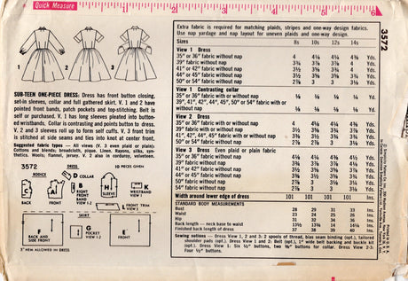 1960's Simplicity Shirtwaist Dress Pattern with Waist Ties and Large Patch Pockets - Bust 31" - No. 3572