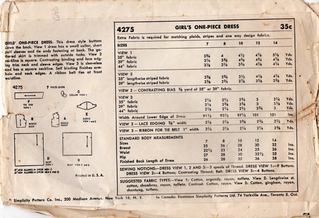 1950's Simplicity Fit and Flare Dress Pattern with Puff Sleeve and Square neckline - Chest 26" - No. 4275