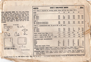 1950's Simplicity Fit and Flare Dress Pattern with Puff Sleeve and Square neckline - Chest 26" - No. 4275