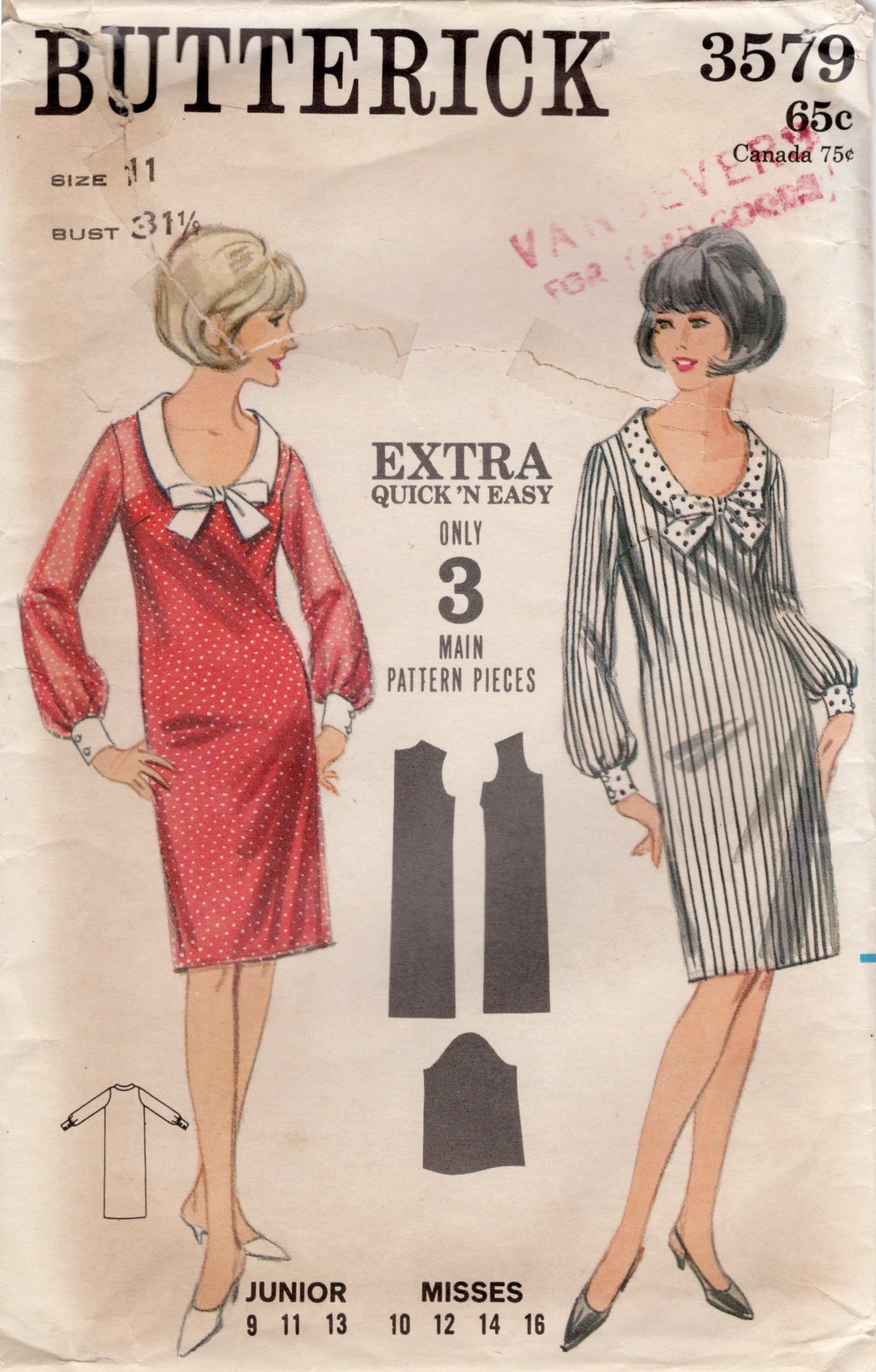 1960’s Butterick Scoop Neck Sheath Dress Pattern - Bust 31.5" - No. 3579
