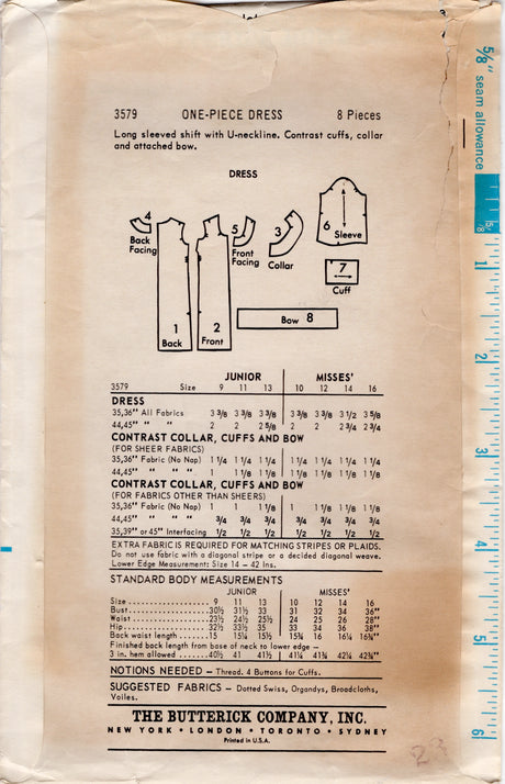 1960’s Butterick Scoop Neck Sheath Dress Pattern - Bust 31.5" - No. 3579