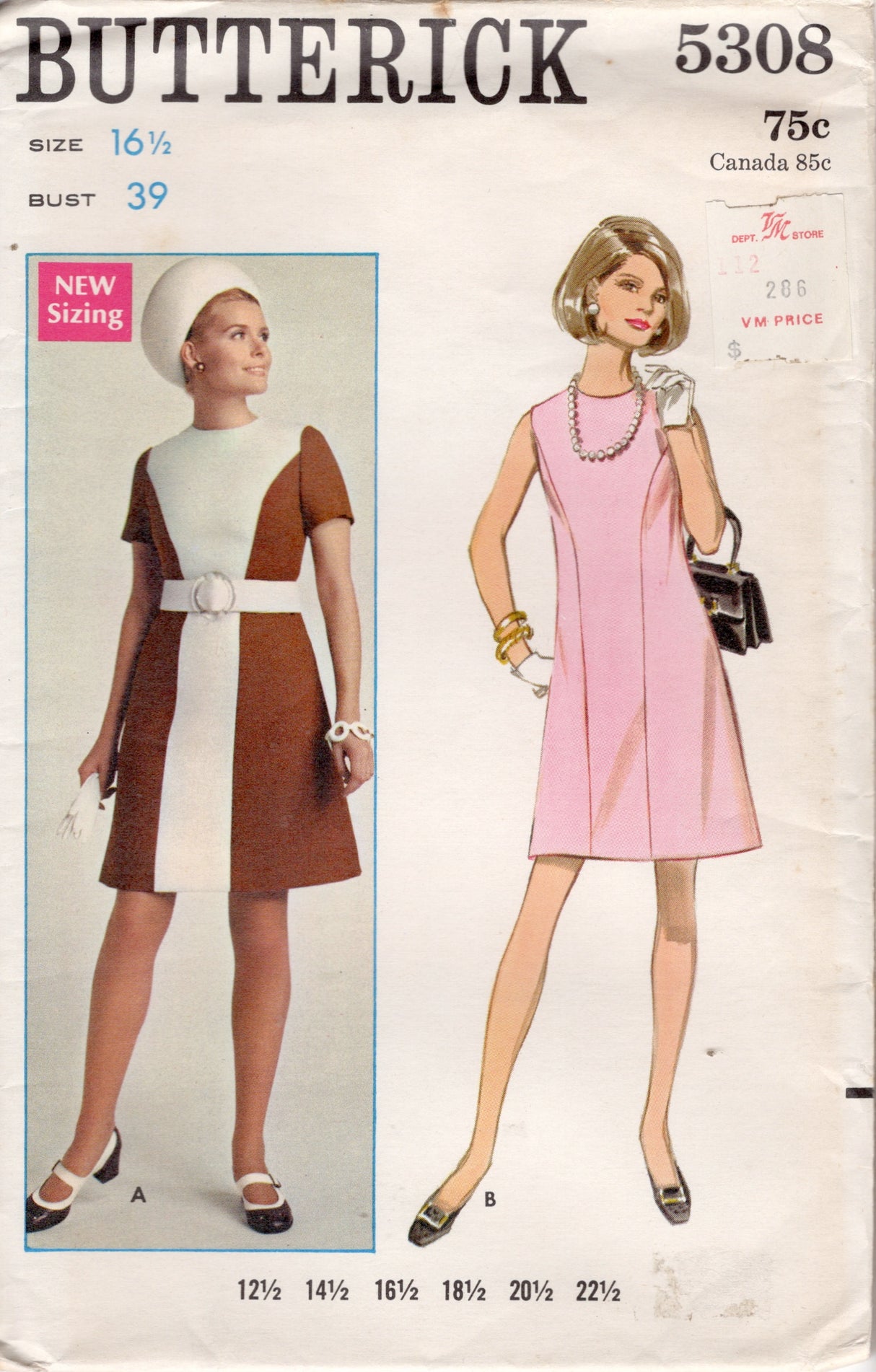1960's Butterick Princess Line Dress Pattern with or without sleeves - Bust 39" - No. 5308