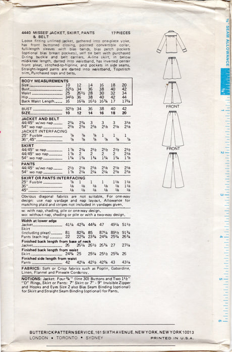 1970's Butterick Unlined Jacket with Patch pockets, Skirt and Pants Pattern - Bust 38" - No. 4440