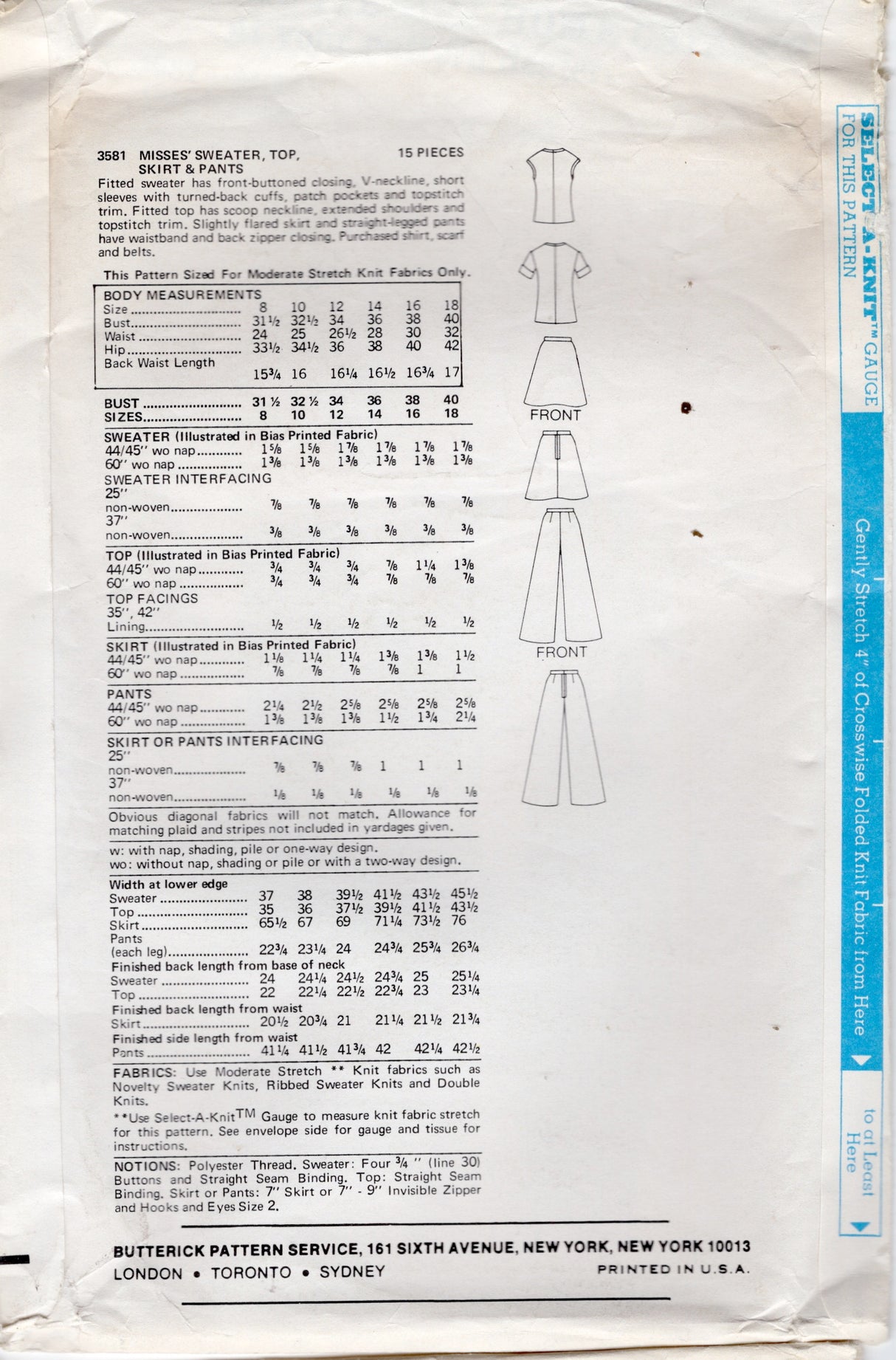 1970's Butterick Sweater, Blouse, Skirt and Pants Pattern - Bust 38" - No. 3581