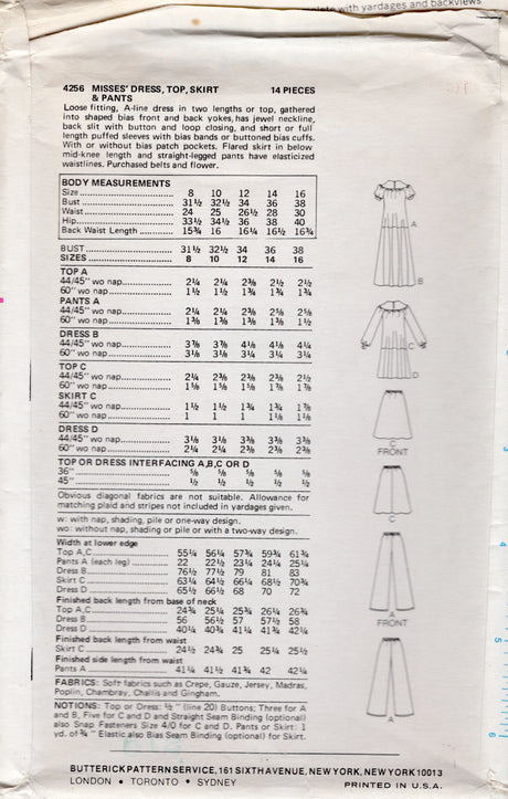 1970's Butterick Yoked Dress or Blouse, Skirt and Pants Pattern - Bust 38" - No. 4256