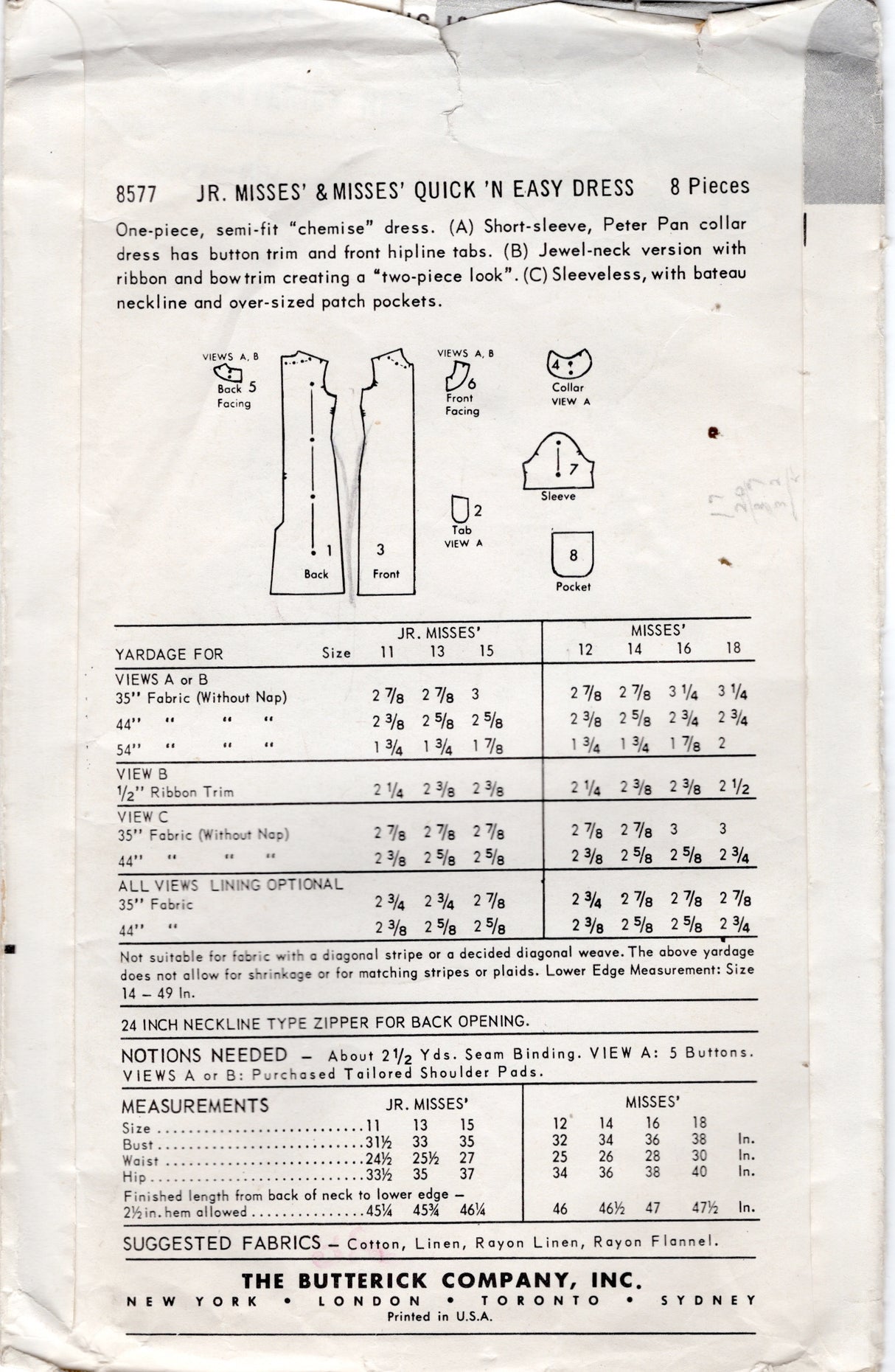 1950's Butterick Sheath Dress Pattern - Bust 32" - No. 8577