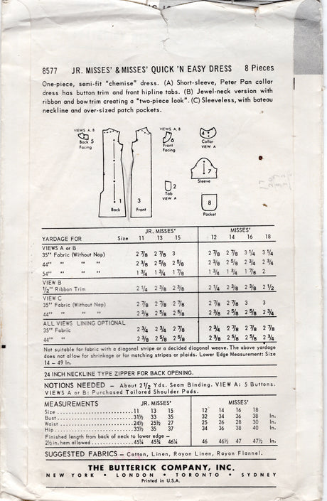 1950's Butterick Sheath Dress Pattern - Bust 32" - No. 8577