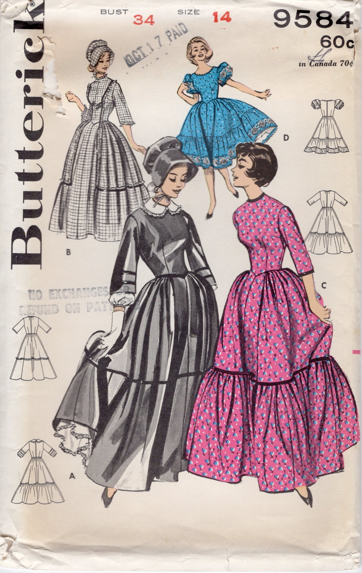 1960's Butterick Centennial and Square Dance Dress Pattern and Bonnet - Bust 34" - No. 9584