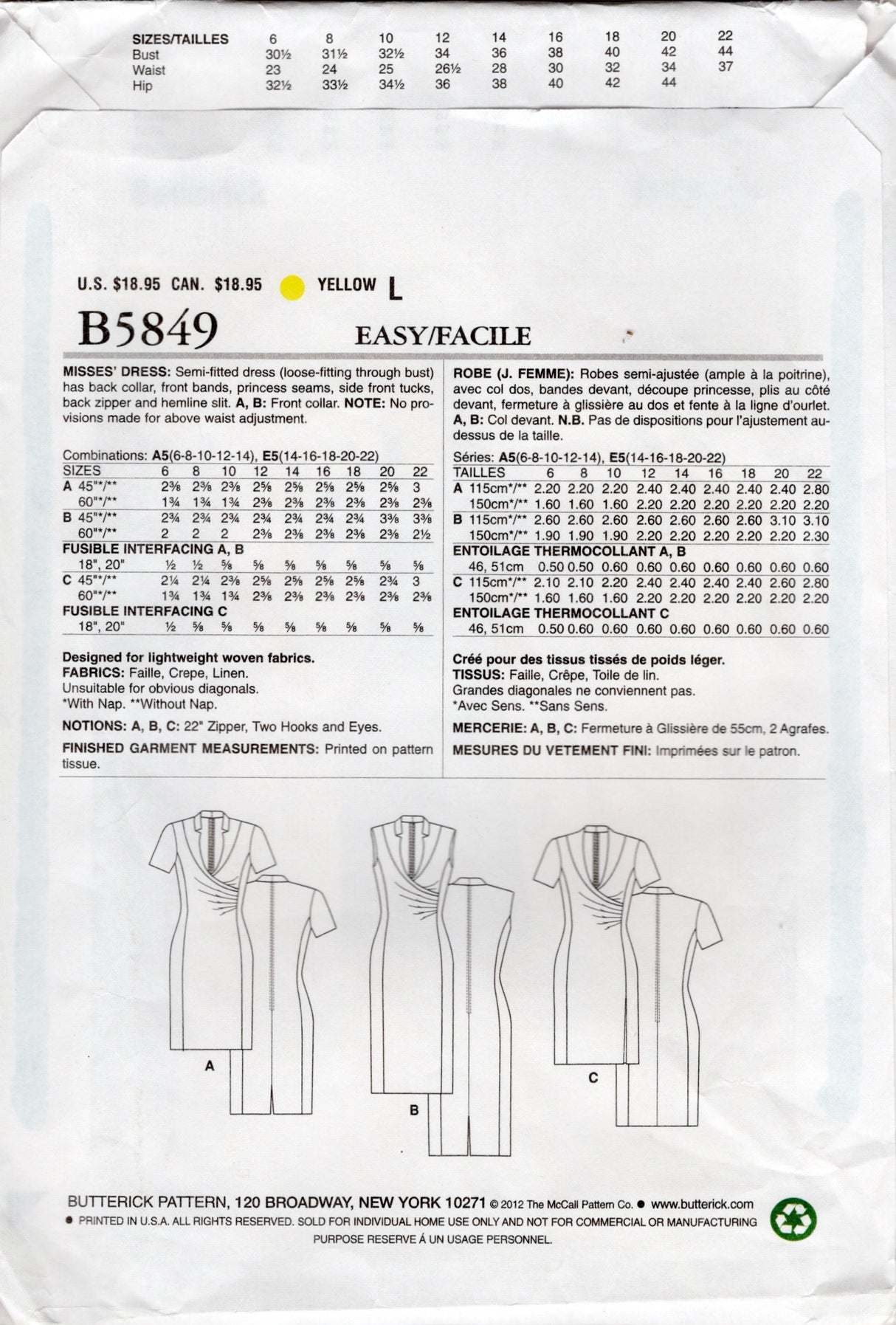 2010's Butterick Princess Seam Sheath Dress with Tucked Front pattern - Bust 36-44" - No. 5849