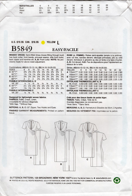 2010's Butterick Princess Seam Sheath Dress with Tucked Front pattern - Bust 36-44" - No. 5849