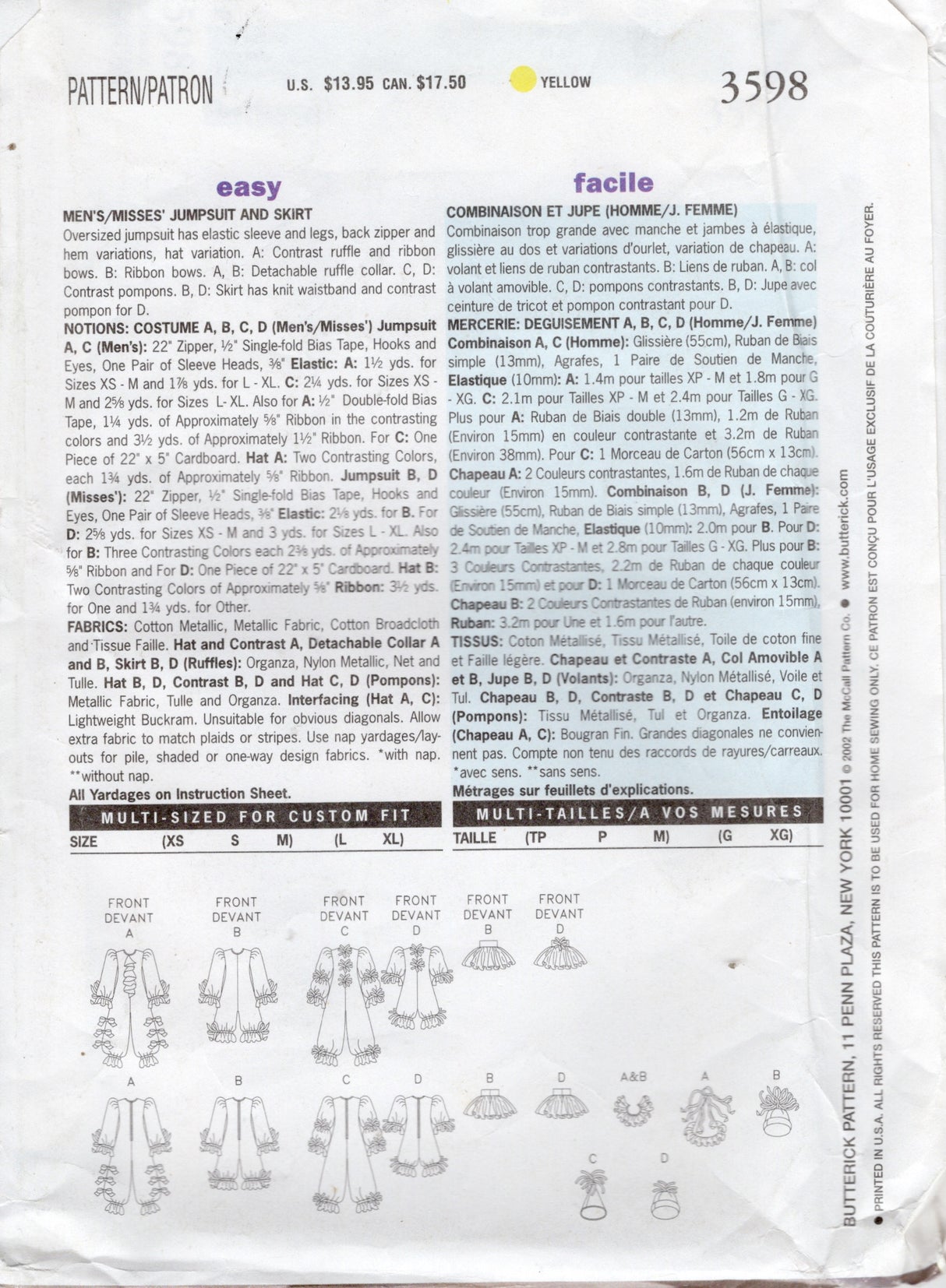 2000's Butterick Clown Jumpsuit, Skirt, Hat and Ruff pattern - Bust 30-40" - No. 3598