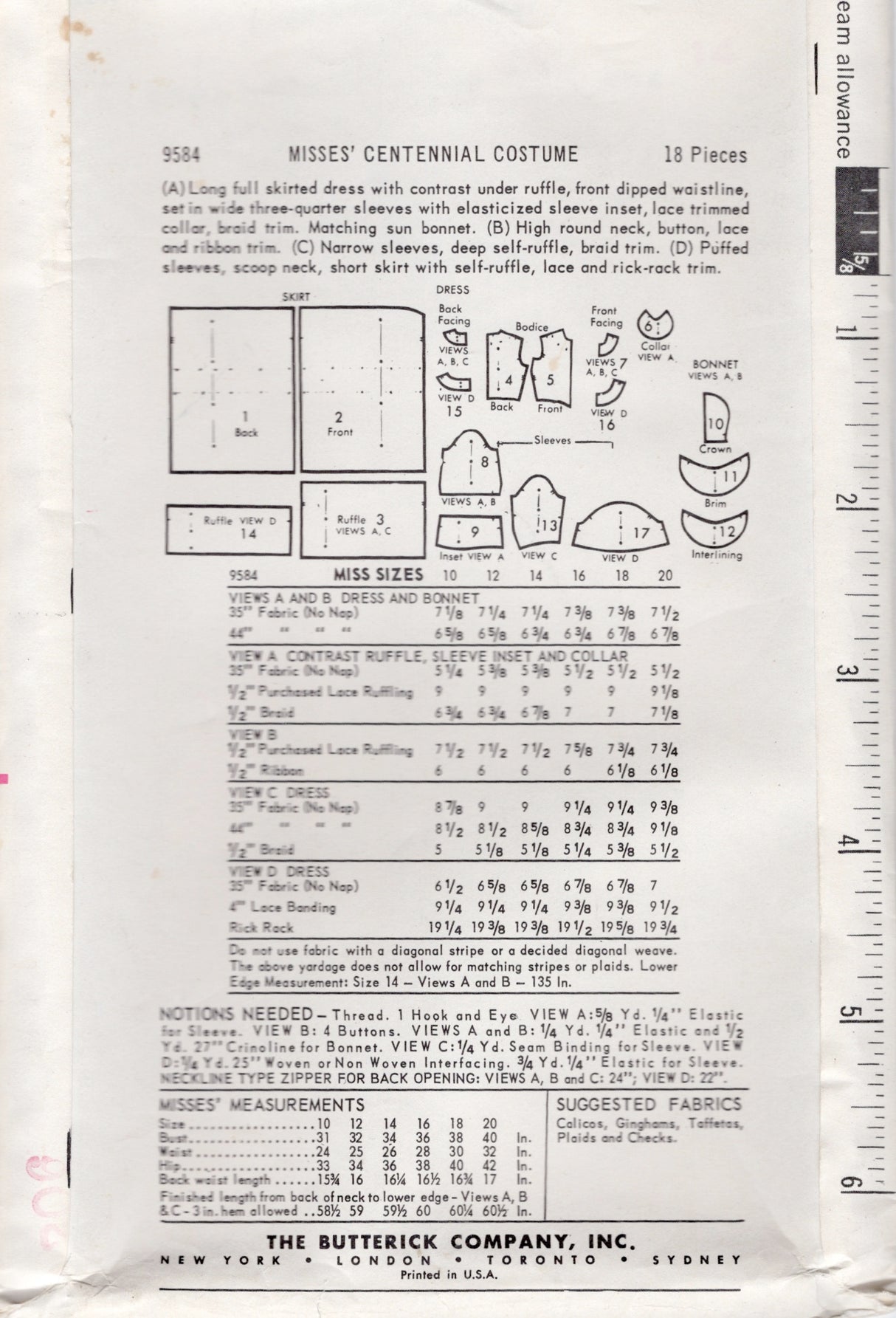 1960's Butterick Centennial and Square Dance Dress Pattern and Bonnet - Bust 34" - No. 9584