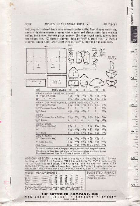 1960's Butterick Centennial and Square Dance Dress Pattern and Bonnet - Bust 34" - No. 9584