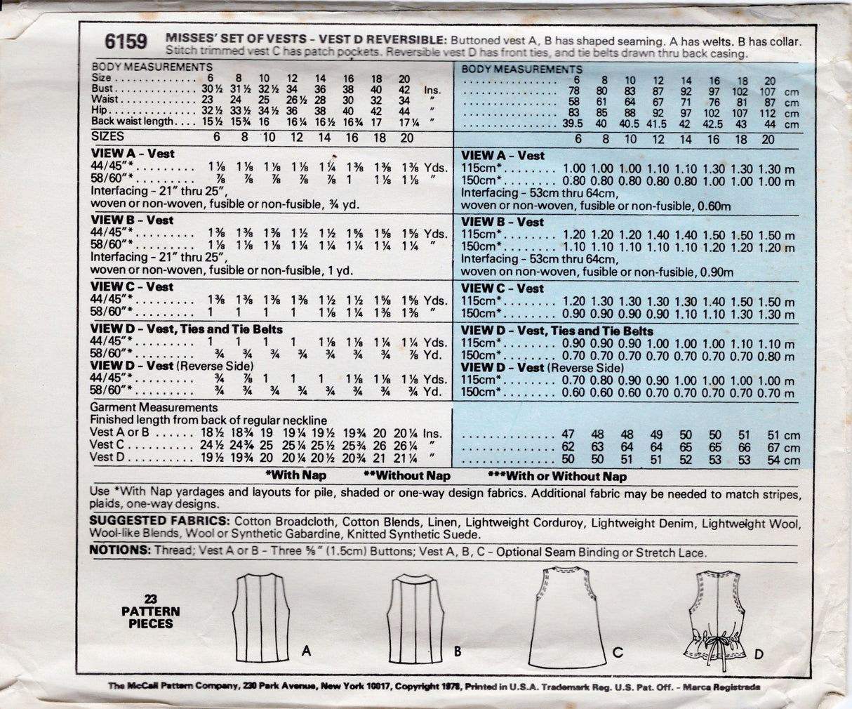 1970's McCall's Set of Vests pattern - Bust 31.5-34" - No. 6159