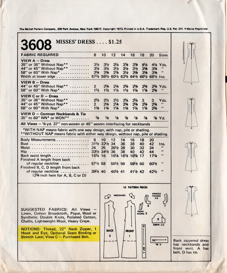1970's McCall's Midi or Maxi Dress Pattern with Slit Neckline - Bust 42" - No. 3608