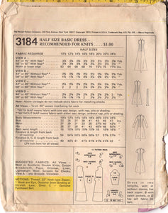 1970's McCall's One Piece Midi or Maxi Dress with Scoop Neckline and Patch Pockets - Bust 47" - No. 3184