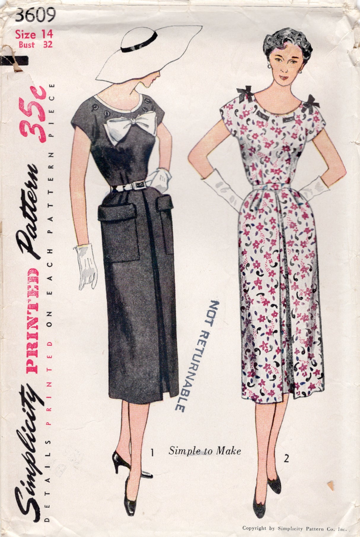 1950’s Simplicity One Piece Dress Pattern with Detachable Trim and Bow - Bust 32" - No. 3609