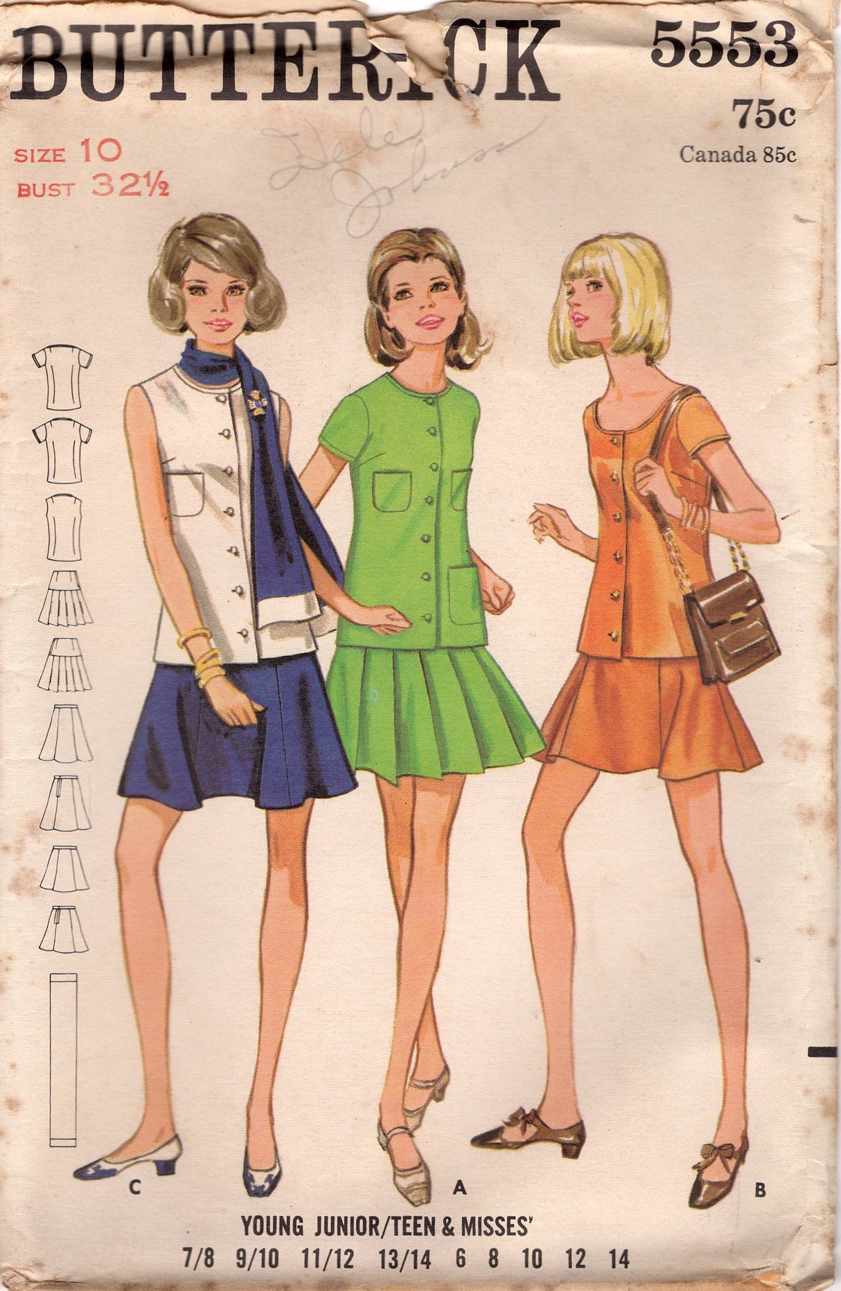 1960's Butterick Two Piece Dress with Button Up Top and Drop or A Line Waist Skirt Pattern - Bust 32.5" - No. 5553