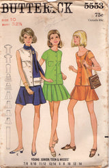 1960's Butterick Two Piece Dress with Button Up Top and Drop or A Line Waist Skirt Pattern - Bust 32.5" - No. 5553