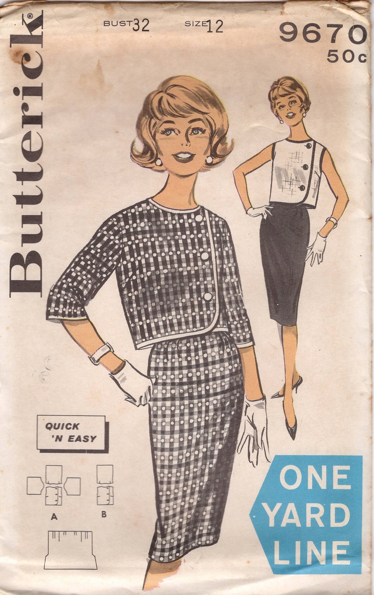 1960's Butterick Boxy Jacket and Sheath Skirt Pattern - Bust 32" - No. 9670